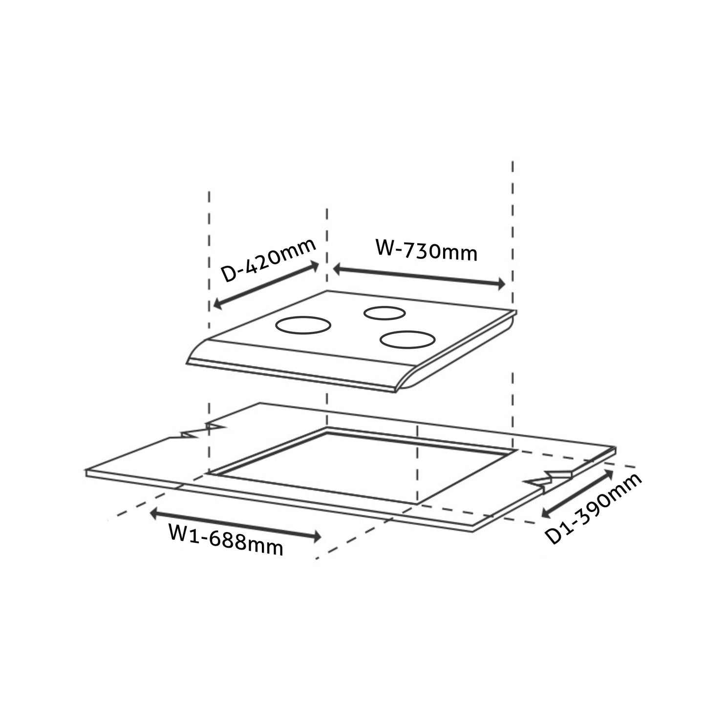 3 Burner Glass Gas Hob Top with Total Double Ring Brass Burner (BH1073SQHTTDB)