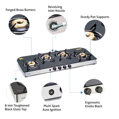 4 Burner Glass Gas Stove Extra Wide 1 High Flame 3 Forged Brass Burner Auto Ignition (1049 GT FB AI)