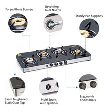 4 Burner Glass Gas Stove Extra Wide 1 High Flame 3 Forged Brass Burner Auto Ignition (1049 GT FB AI)