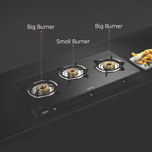 3 Burner Glass Gas Stove with Brass Burner Black (1037 GT BB BL)