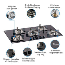 5 Burner Built-in Hob Triple Ring Double Ring Forged Brass Burner Flame Failure Device Auto Ign (1095 SQDBTRFFD)