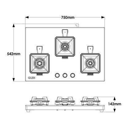 GLEN 3 Burner Swift Glass Gas Stove with Multi Ring Forged Brass Burners (CT1038GTBLSWIFT)
