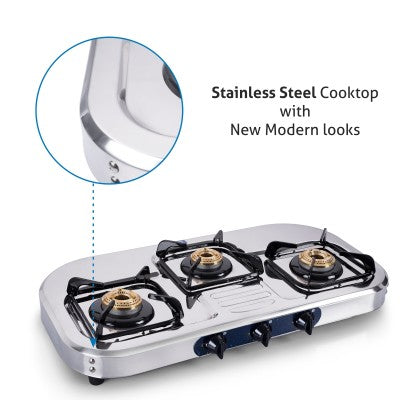 3 Burner  Stainless Steel Gas Stove with High Flame Brass Burner (1037 SS HF BB)