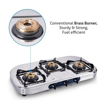 3 Burner  Stainless Steel Gas Stove with High Flame Brass Burner (1037 SS HF BB)
