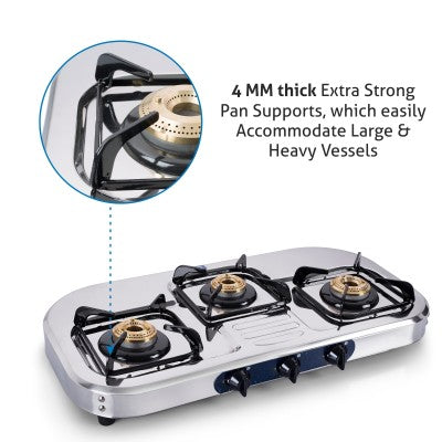 3 Burner  Stainless Steel Gas Stove with High Flame Brass Burner (1037 SS HF BB)