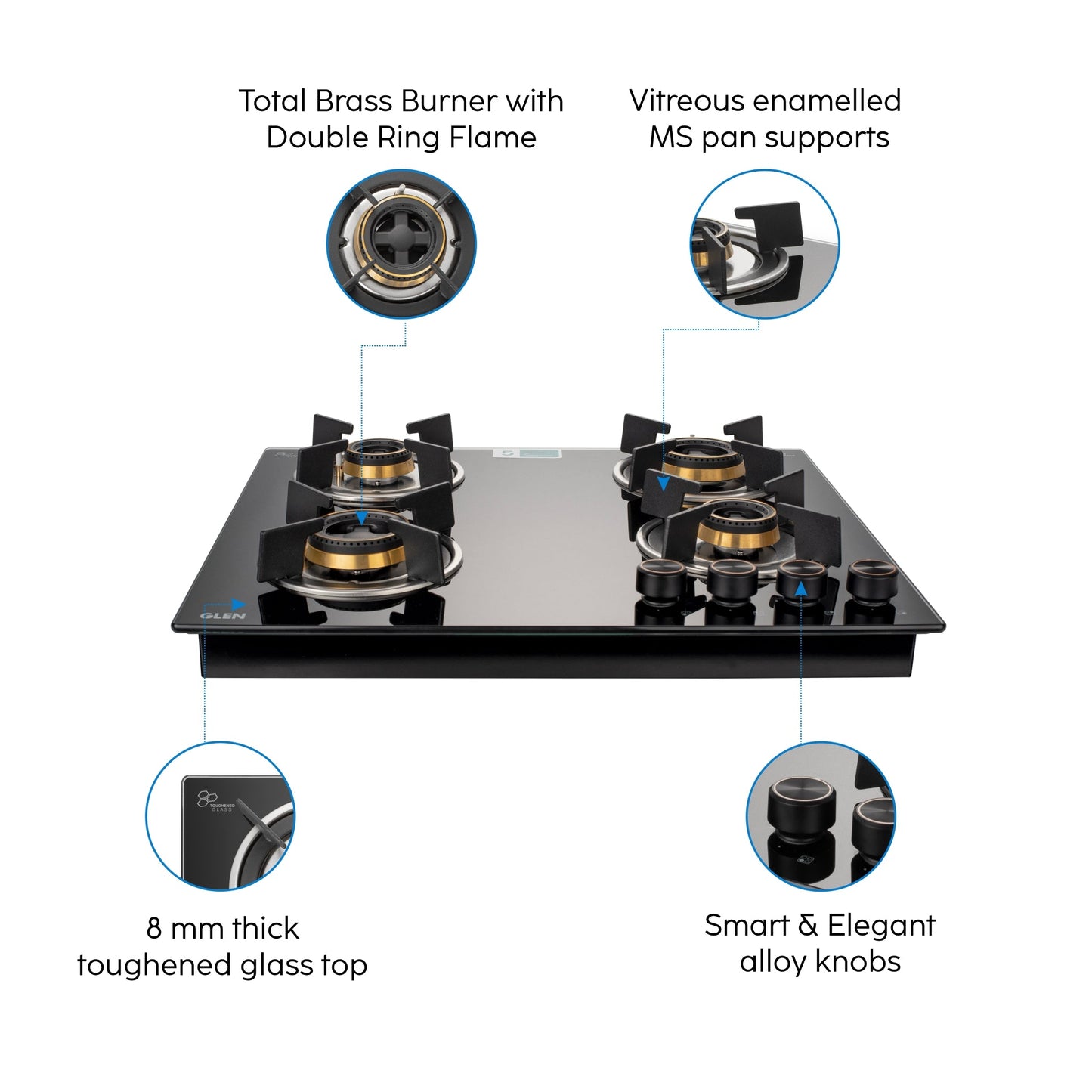 4 Burner Glass Hob Top with Total Brass Burners Auto Ignition (1064 RO HT TDB)
