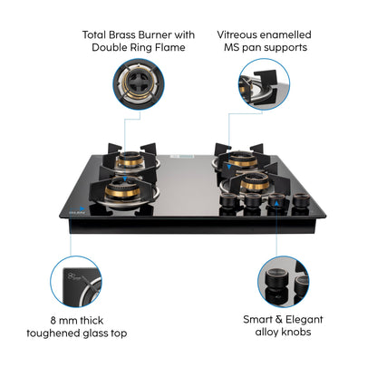 4 Burner Glass Hob Top with Total Brass Burners Auto Ignition (1064 RO HT TDB)