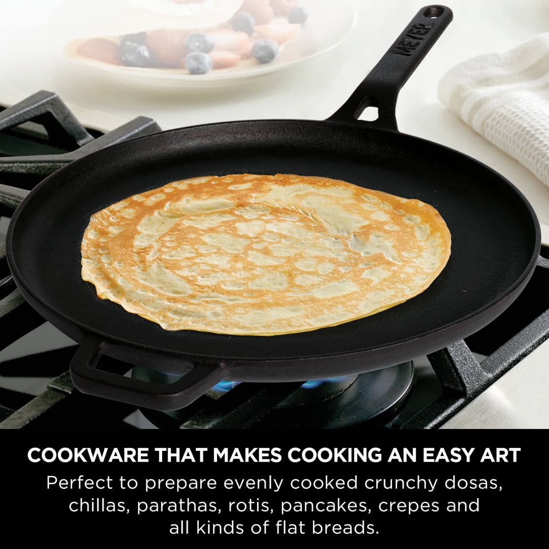 Meyer Pre Seasoned Cast Iron 2pcs Set (26cm Frypan/Skillet + 28cm Flat Dosa Tawa)