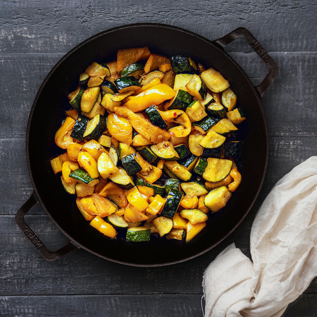 Meyer Pre- Seasoned Cast Iron 3 Piece Cookware Set - 26cm Frypan + 26cm Kadai with Interchangeable Lid, Black