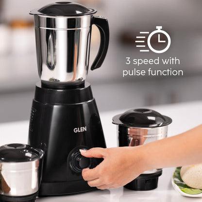 GLEN Mixer Grinder 550W with 3 Stainless Steel Liquidiser, Grinder and Chutney Jars - Black (4021)