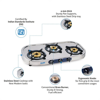 GLEN 3 Burner Stainless Steel Gas Stove with High Flame Brass Burner Drip Tray (CT1033SSHFDTBB)