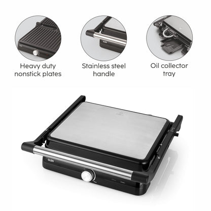 GLEN Electric Contact Grill & Sandwich Maker with 180-degree opening, Non-Stick Plates, 2000w - (SA3031INCG)