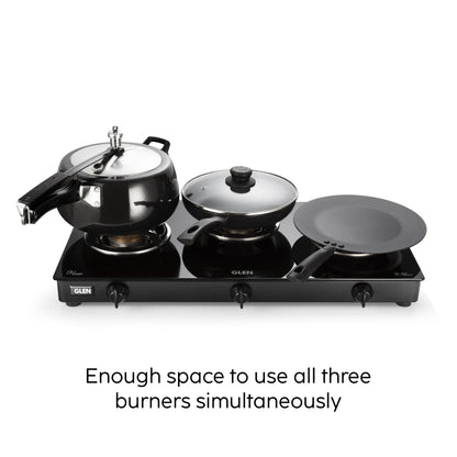 GLEN 3 Burner PNG Glass Gas Stove with High Flame Brass Burner - Black (CT1030GTHFBBBLPN)