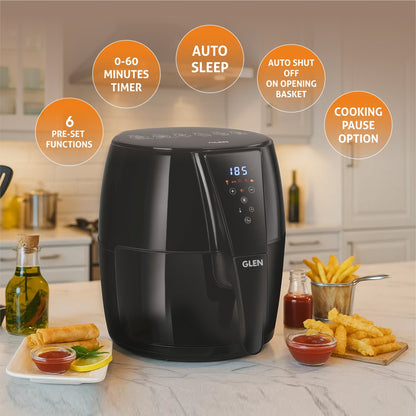 GLEN Air Fryer, 5.0 Litre Digital Controls, 6 Pre Set Menu Timer, Temperature Control, 1500W -Black (SA3041DIGI)