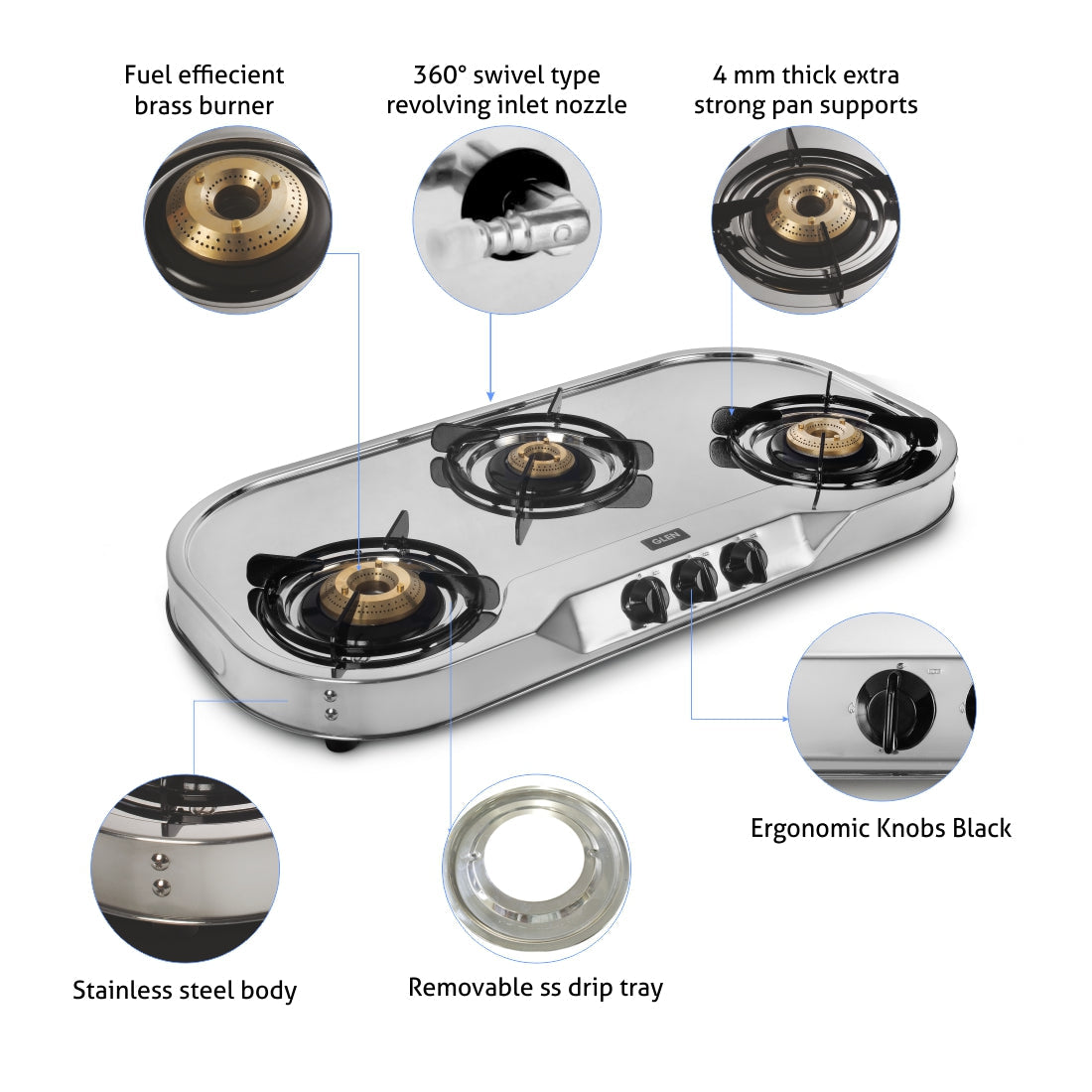 3 Burner  Stainless Steel Gas Stove with High Flame Brass Burner Extra Large Drip Tray (1035 XL HF BB DT)