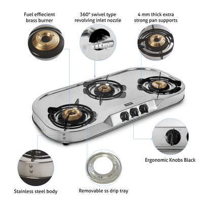 3 Burner  Stainless Steel Gas Stove with High Flame Brass Burner Extra Large Drip Tray (1035 XL HF BB DT)