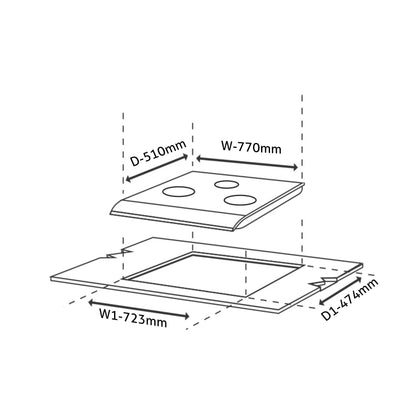 3 Burner Glass Hob Top (1073XLHTDBBW) + Auto Clean Glass Filterless Chimney 75cm 1200m3/h (6072SXAC)