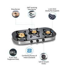 3 Burner Black Glass Gas Stove with High Flame Brass Burner (1036GT) - Manual/ Auto Ignition