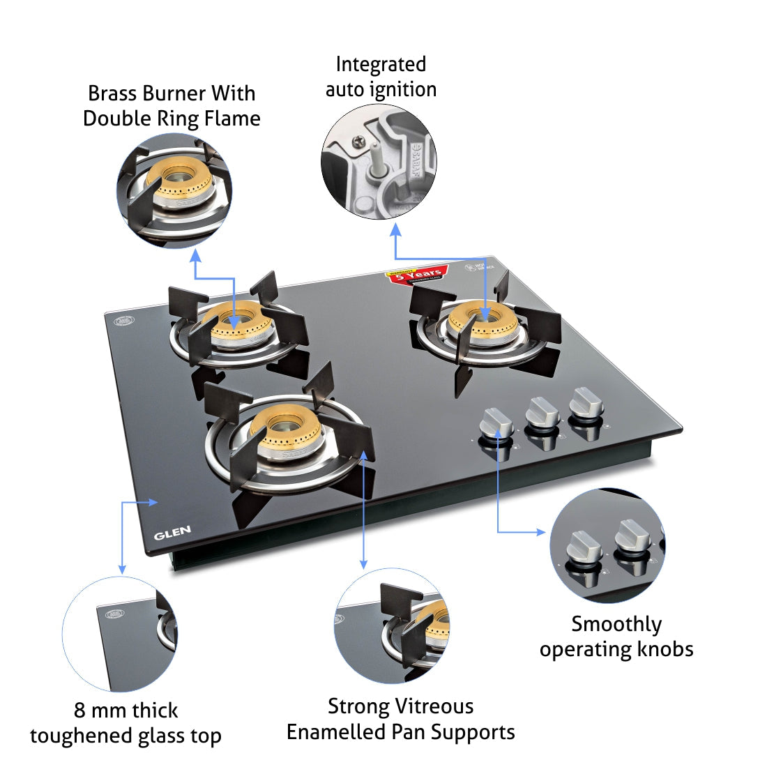 3 Burner Glass Hob Top with Italian Double Ring Brass Burners Auto Ignition (1063 RO IN HT BB)