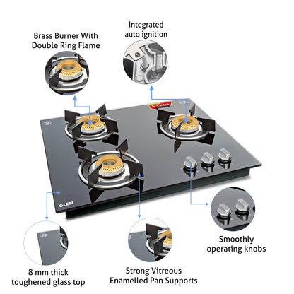 3 Burner Glass Hob Top with Italian Double Ring Brass Burners Auto Ignition (1063 RO IN HT BB)
