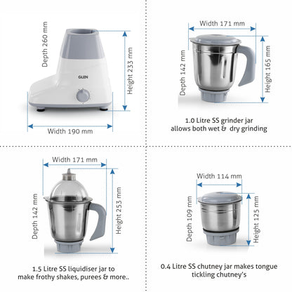 Mixer Grinder 750W with 3 Stainless Steel Liquidiser, Grinder and Chutney Jars - Grey (4025)