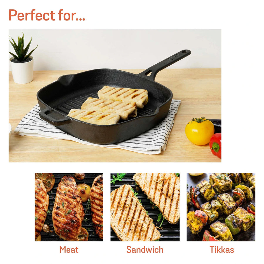 Meyer Pre-Seasoned Cast Iron Grill Pan, 25 cm, Black