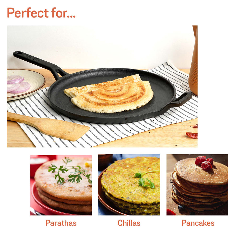 Meyer Pre-Seasoned Cast Iron Flat Dosa Tawa, (24cm/28cm), Black