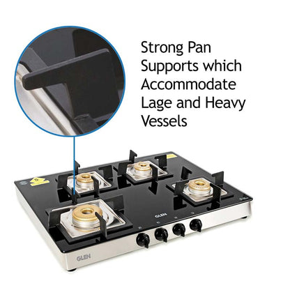 4 Burner Glass Gas Stove 1 High Flame 3 Forged Brass Burner 70 CM (1048 GT SQFB)