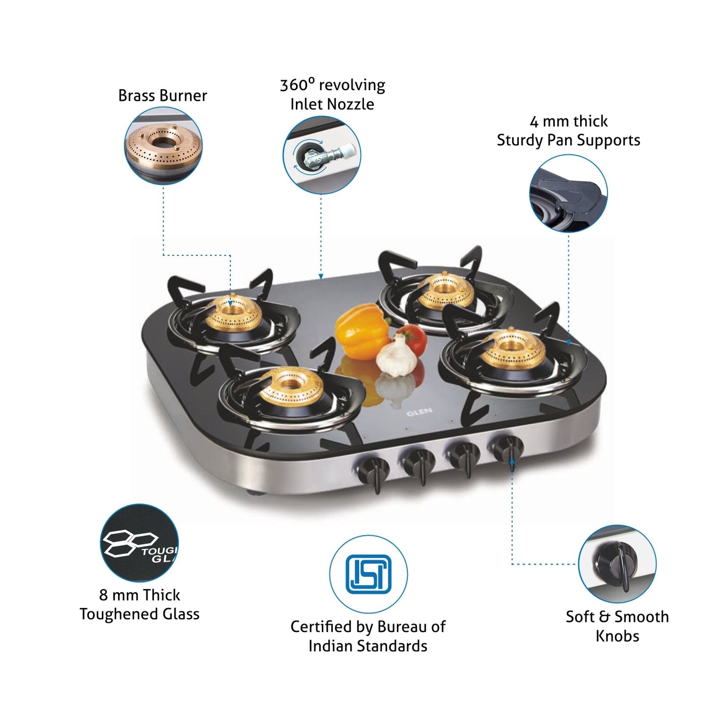 4 Burner Glass Gas Stove 1 High Flame 3  Brass Burner Round Corners (1046 GT)