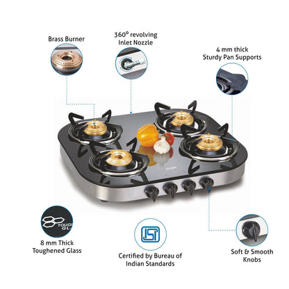 4 Burner Glass Gas Stove 1 High Flame 3  Brass Burner Round Corners (1046 GT)