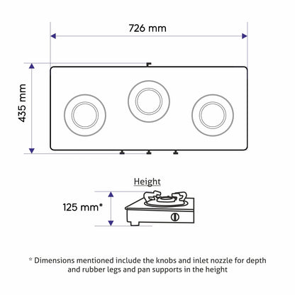3 Burner Glass Gas Stove with High Flame Brass Burner Double Drip Tray (1032 GT HF BB DD BL) - Manual/Auto Ignition