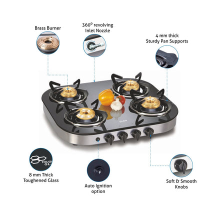 4 Burner Glass Gas Stove 1 High Flame 3 Brass Burner Auto Ignition Round Corners (1046 GTAI)