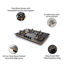 4 Burner Glass Gas Hob Top with Triple Ring, Total Double Ring Brass Burner (1094XLCIHTT2TRMG)