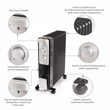 Oil Filled Radiator Room Heater with Turbo Ceramic Fan Black (7015OR) - 9/11/13 Fin
