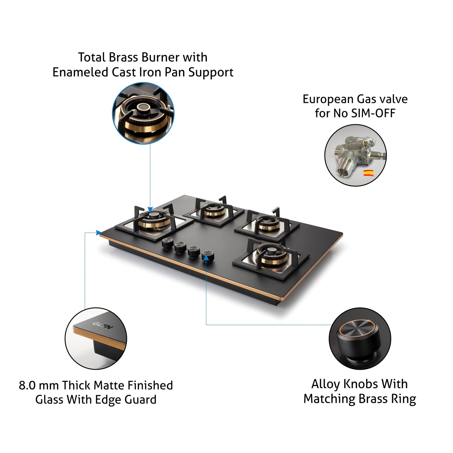 4 Burner Glass Gas Hob Top Mini Triple Ring Burner Double Ring Total Brass Burner Auto Ignition (1074SQHTT2TRMG)