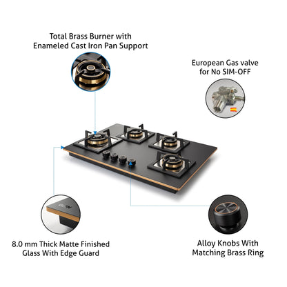 4 Burner Glass Gas Hob Top Mini Triple Ring Burner Double Ring Total Brass Burner Auto Ignition (1074SQHTT2TRMG)