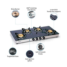 4 Burner Glass Gas Stove Extra Wide 1 High Flame 3 Brass Burners Auto Ignition (1044 GTXLAI)
