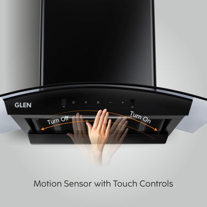 Auto Clean Curved Glass Filter less Kitchen Chimney with Motion Sensor 60/76/90cm, 1200 m3/h (6058 BL Auto Clean)