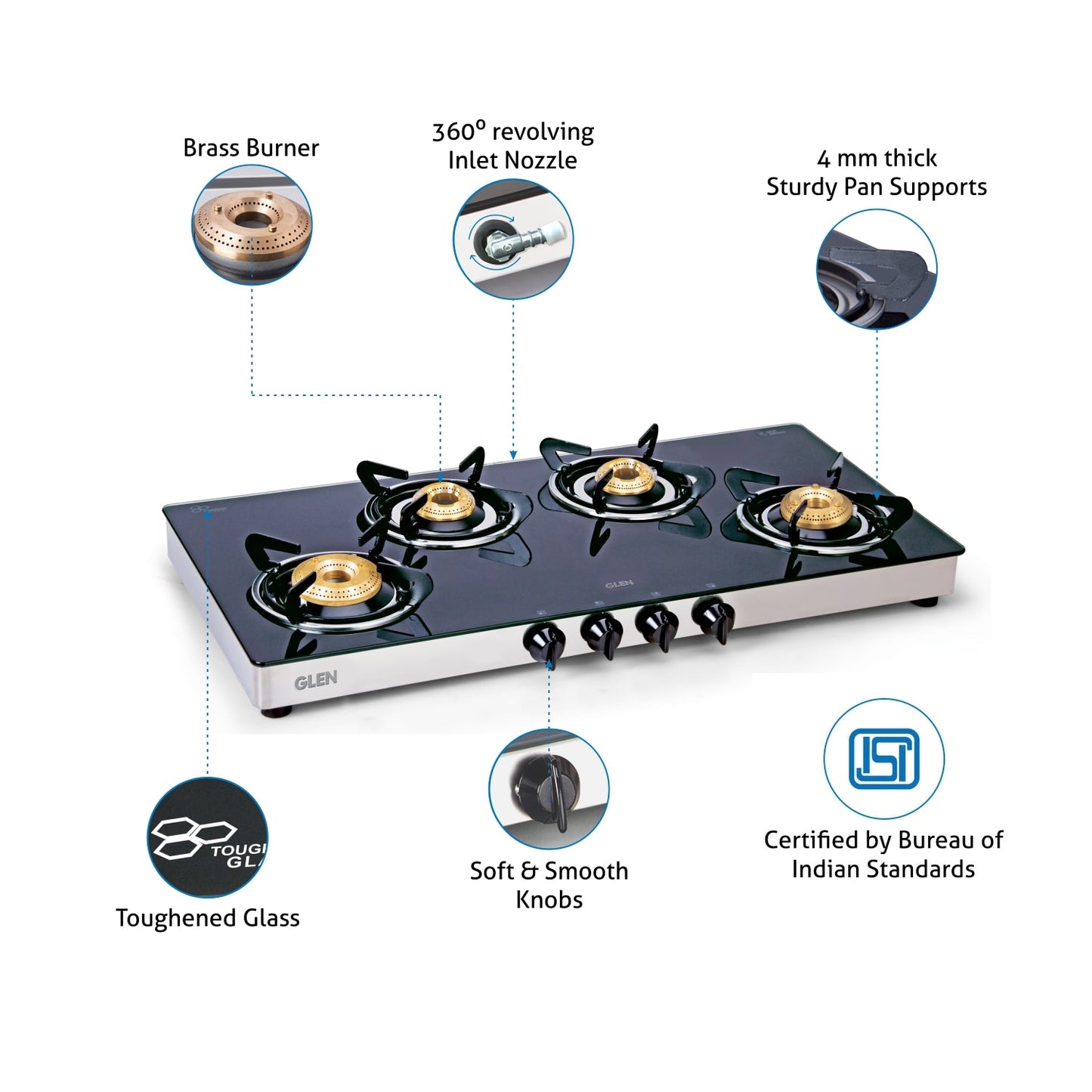 4 Burner Glass Gas Stove Extra Wide 1 High Flame 3 Brass Burners (1044 GTXL)