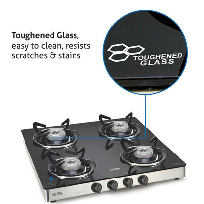 4 Burner Glass Gas Stove with Aluminium Alloy Burners (1043 GT AL)