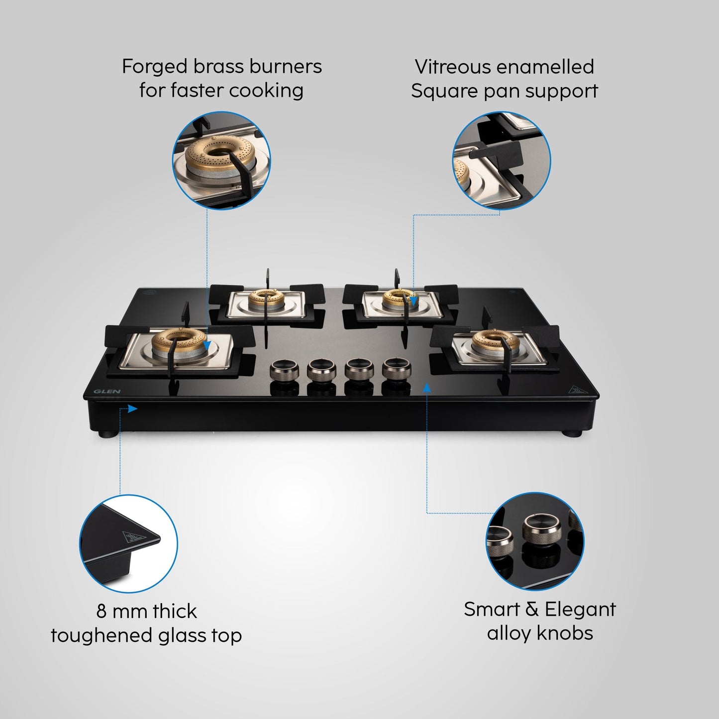 4 Burner Free Standing Glass Hob Forged Brass Burner Auto Ignition Black (BH1074SQFSFBBLAI)