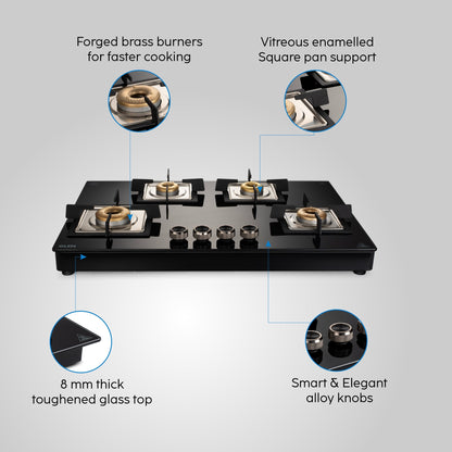 4 Burner Free Standing Glass Hob Forged Brass Burner Auto Ignition Black (BH1074SQFSFBBLAI)