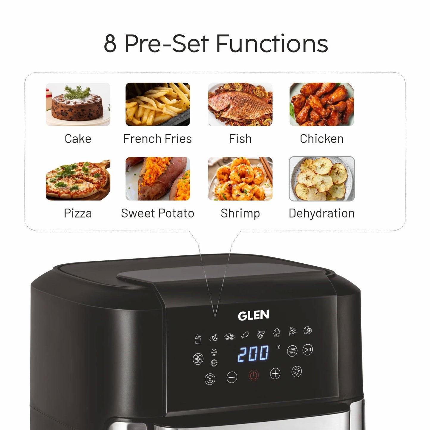 GLEN Digital Air Fryer, 12 Litre Capacity, 8 Pre Set Menu, Time and Temperature Control, 2000W - (SA 3040 DSS)