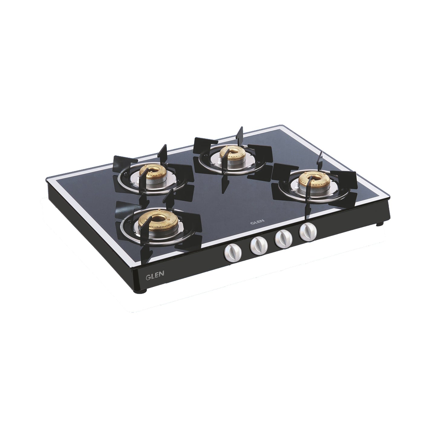 4 Burner Glass Gas Stove Mirror Finish 1 High Flame 3 Forged Brass Burner 70 CM Black (1048 GT FBM BL)