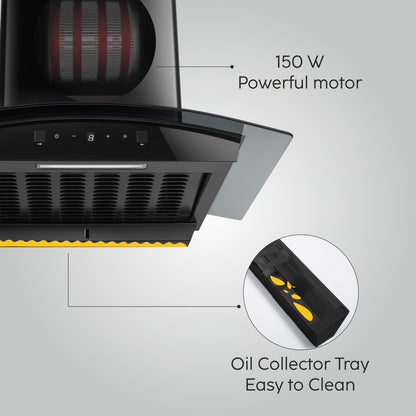 Auto Clean Curved Glass Filter less Kitchen Chimney, Motion Sensor control with Digital Display 60/76/90cm, 1200 m3/h (6058 DI BL AC)
