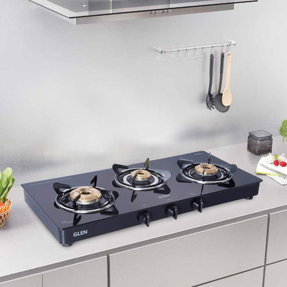 GLEN 3 Burner PNG Glass Gas Stove with High Flame Brass Burner Extra Large Black (CT1033GTXLBBBLPN)
