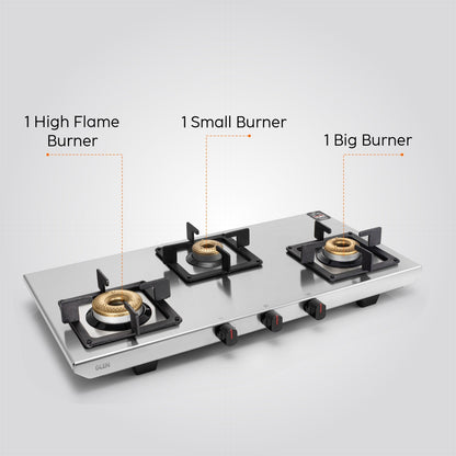 GLEN 3 Burner Ultra Tuff Stainless Steel PNG Gas Stove with Forged Brass Burner (CT1053UTSSPN)