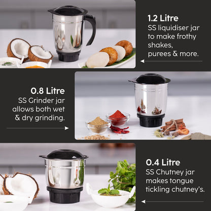 GLEN Mixer Grinder 550W with 3 Stainless Steel Liquidiser, Grinder and Chutney Jars - Black (4021)