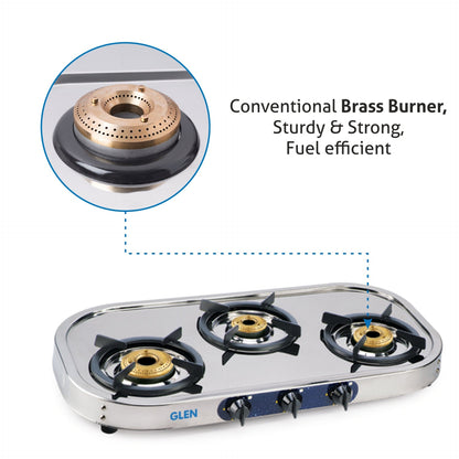 GLEN 3 Burner Stainless Steel Gas Stove with High Flame Brass Burner Drip Tray (CT1033SSHFDTBB)