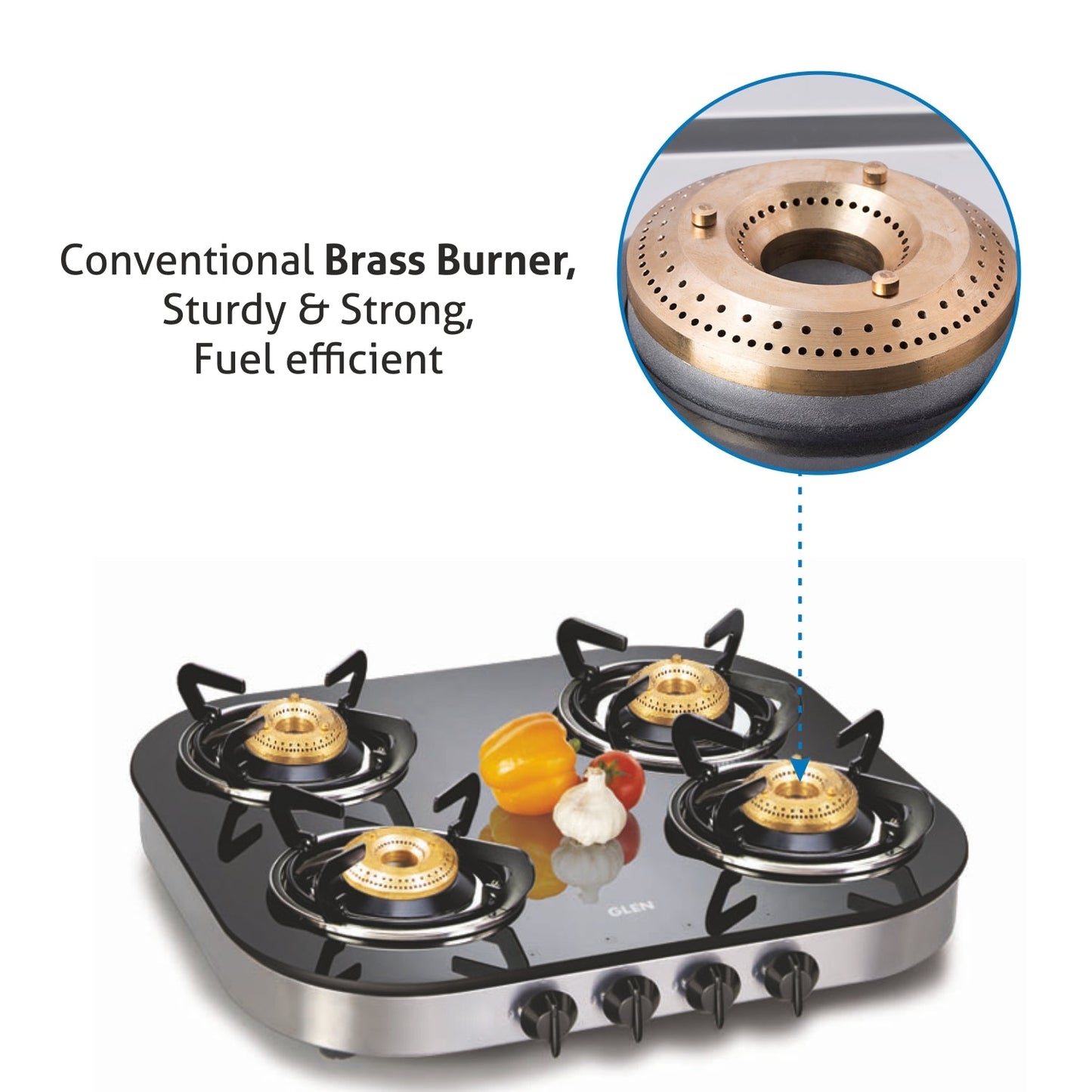 4 Burner Glass Gas Stove 1 High Flame 3  Brass Burner Round Corners (1046 GT)
